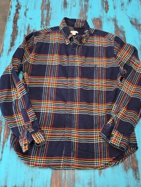 Merona Navy Plaid Button-Down Shirt with Red, Yellow, Green Stripes